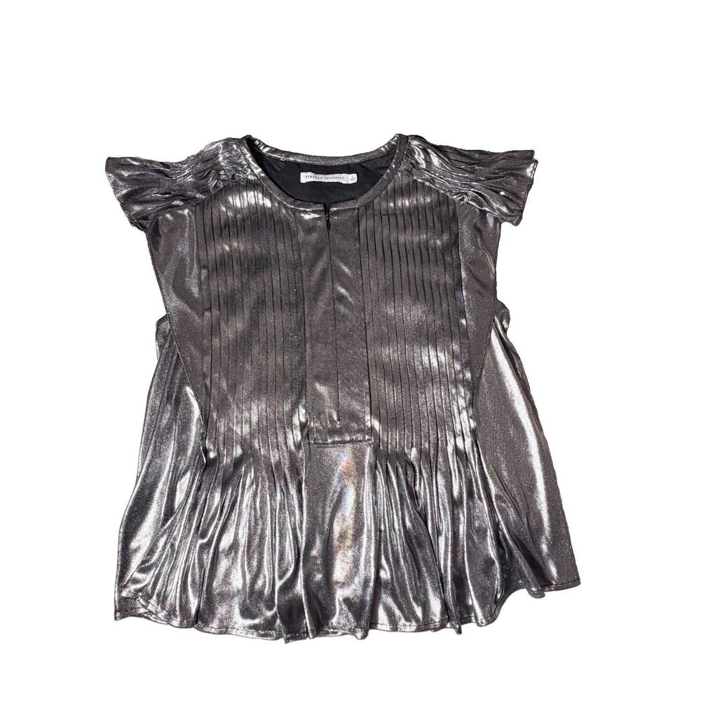Rebecca Minkoff Shimmering Silver Pleated Blouse Ruffled Sleeves Zip Front S EUC